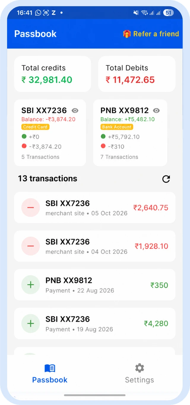 Passbook app screen showing total credits, debits, bank accounts and transactions